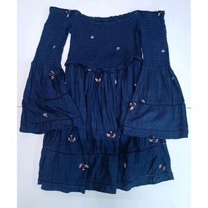 Free People Women's Size M Counting Daisies Blue Embroidered Long Sleeve‎ Dress